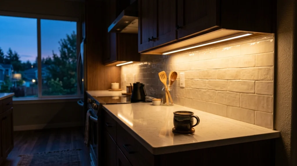 20. Seamless Under-Cabinet Warm LED Lighting