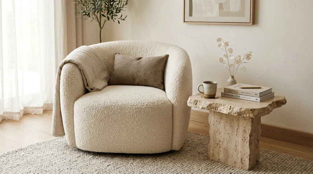 2. Warm Travertine & Bouclé Textures