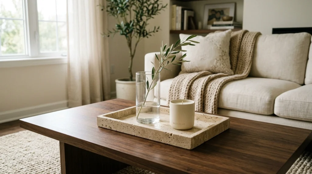2. The Minimalist Travertine Tray with a Single Olive Branch