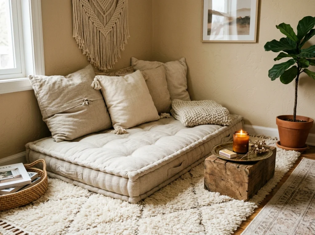 2. The Sun-Drenched Floor Cushion & Low-Profile Reading Nest