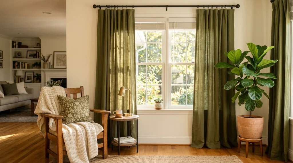 2. Soft Olive Green Panels in a Sunny Corner