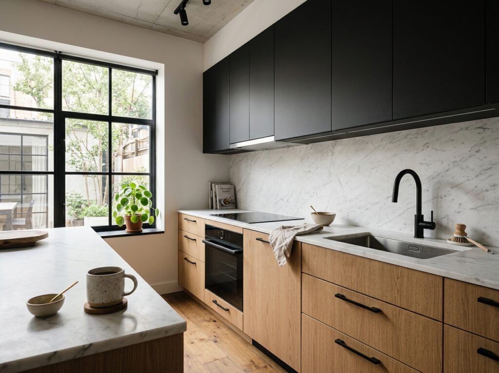 2. Matte Black and Warm Natural Oak