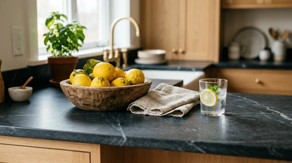 2. Honed Soapstone Countertops with Soft Veining