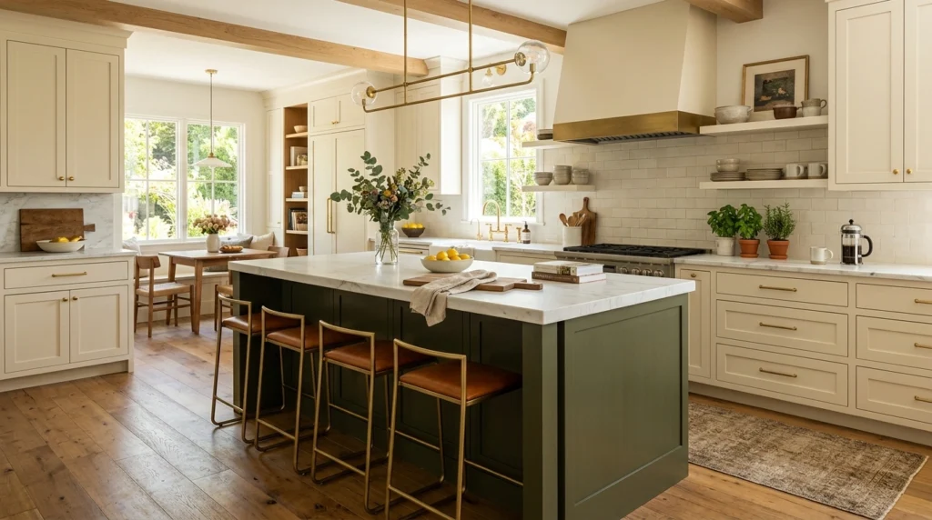 2. Deep Olive Green Island with Cream Perimeter Cabinets
