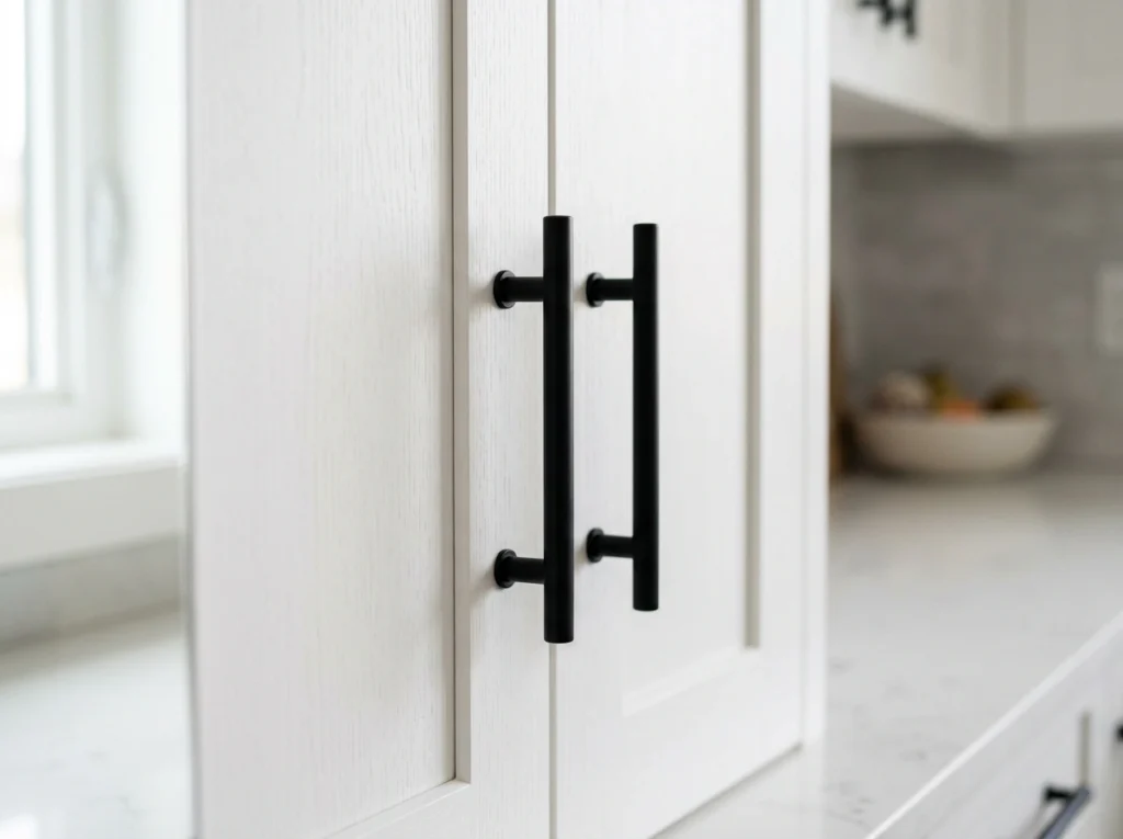 2. Matte Black Hardware on Crisp White Shaker Cabinets