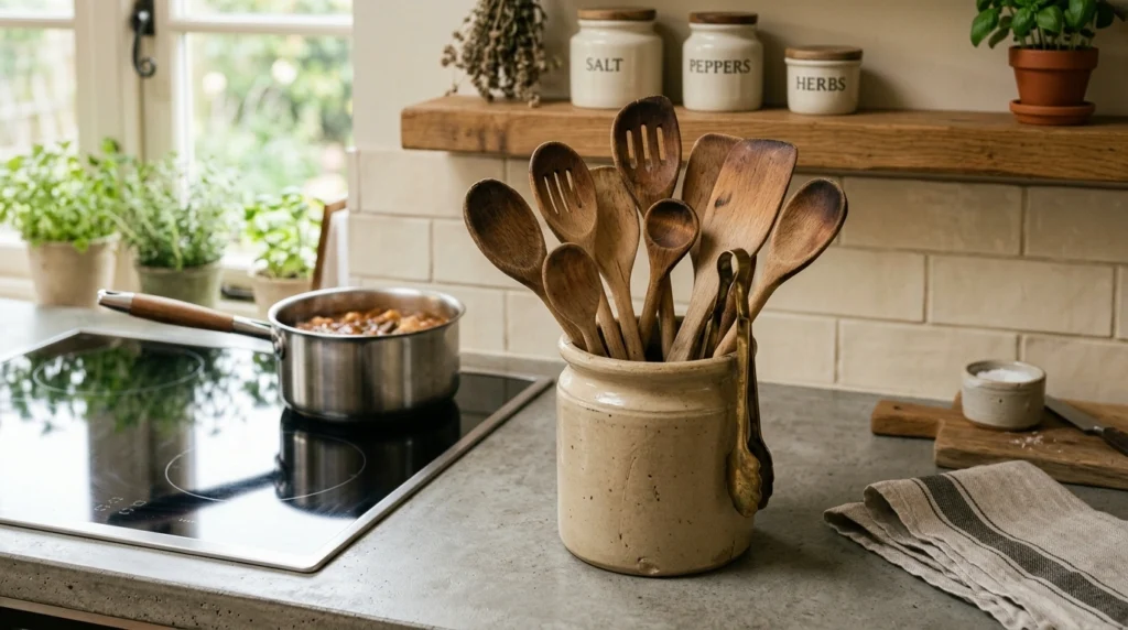 2. The Vintage Stoneware Crock with Wooden Spoons