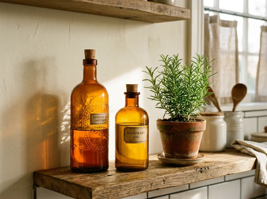2. Rich Amber Glass Bottles with Fresh Herbs
