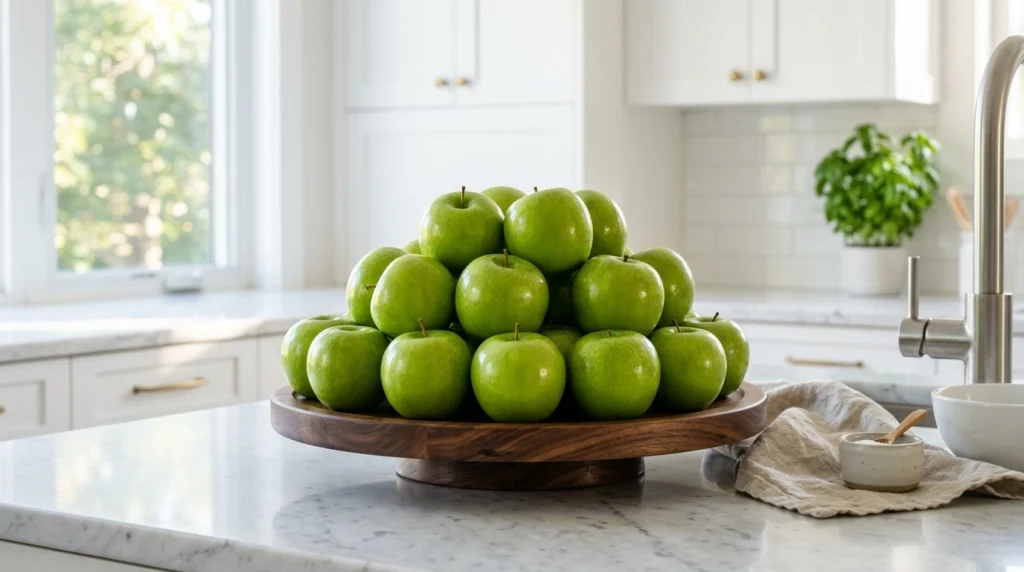2. The Low-Profile Wooden Pedestal with Seasonal Fruit