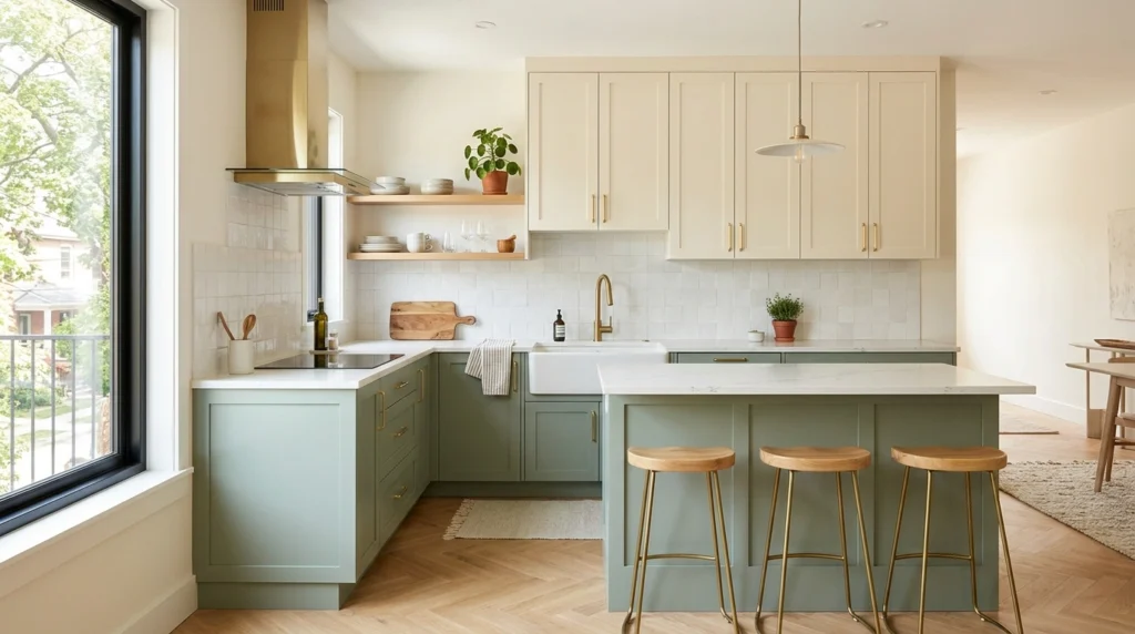 2. The Two-Tone Look: Sage Green Base Cabinets and Cream Uppers