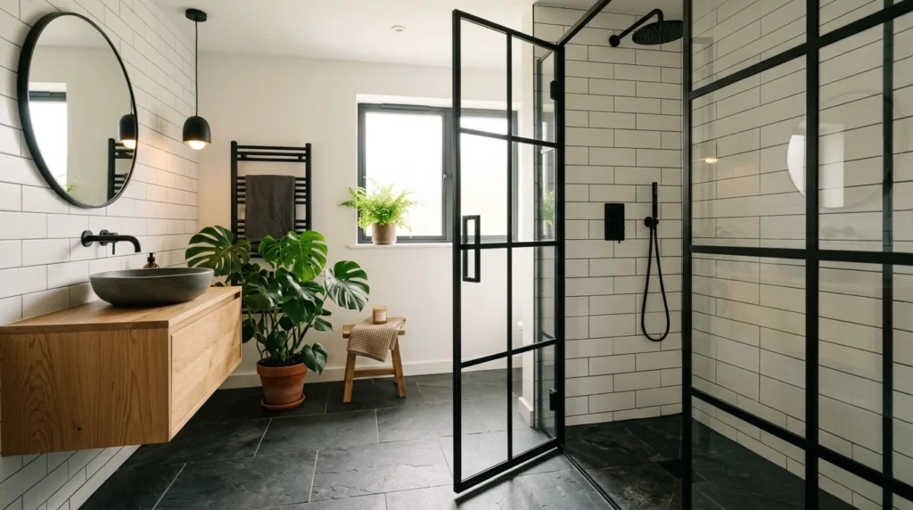2. Crittall-Style Black Grid Glass Doors for Graphic Contrast