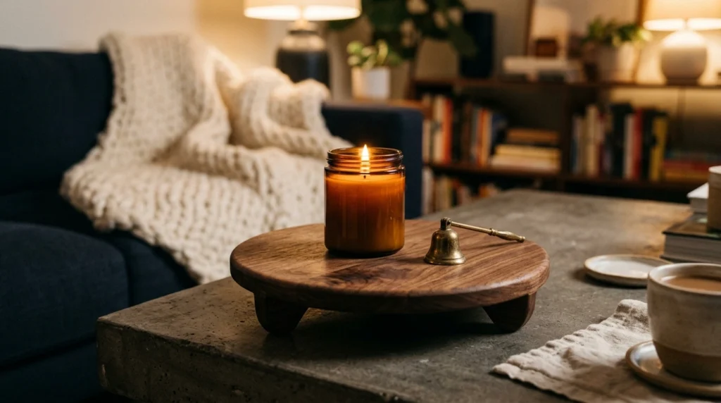 The Warm Wood Pedestal and Amber Glass Candle