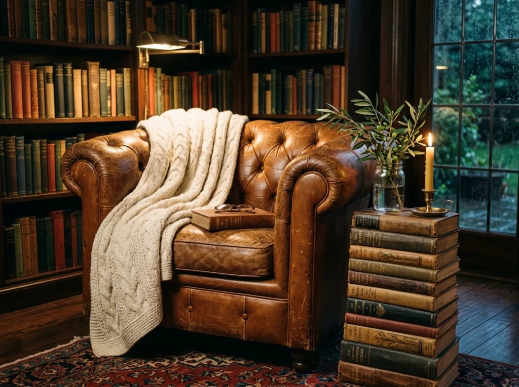 3. The Vintage Leather Armchair & Antique Wooden Book Stack