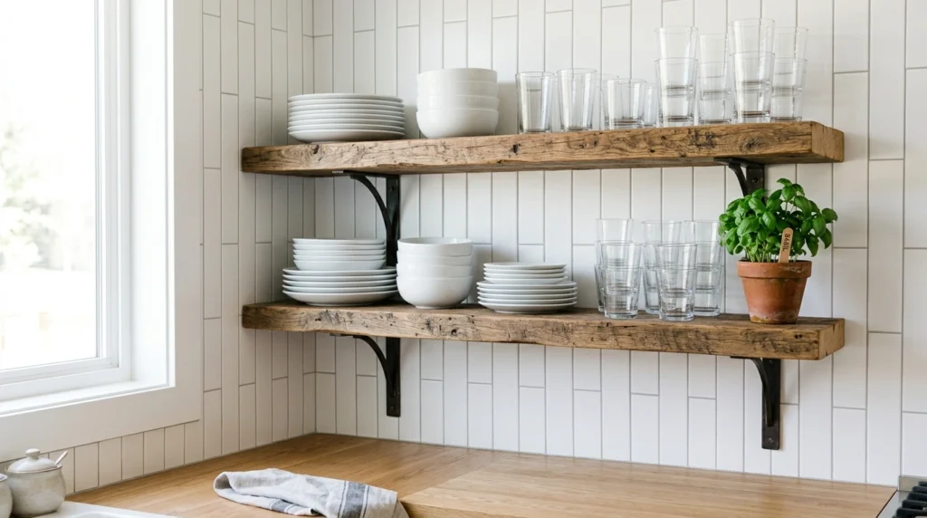 3. Reclaimed Wood Open Shelving over White Stacked Subway Tile