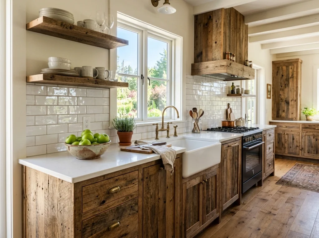 3. Reclaimed Barnwood Cabinets for True Cottage Character