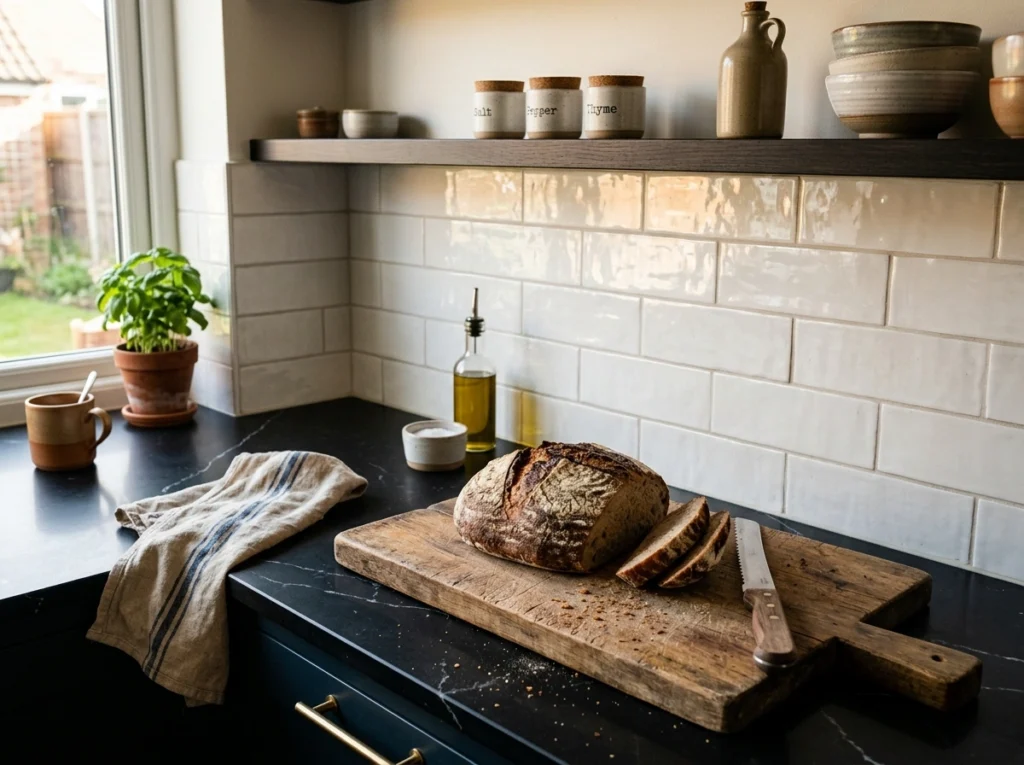 3. Dark Quartz Countertops Against a Light Ceramic Backsplash