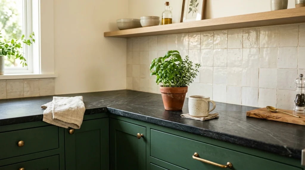 3. Deep Forest Green Cabinets and Hone Slate