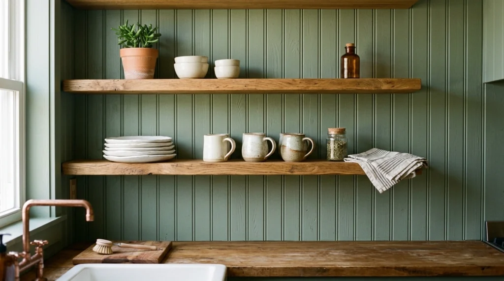 3. Sage Green Beadboard Backsplash for Cozy Cottage Vibes
