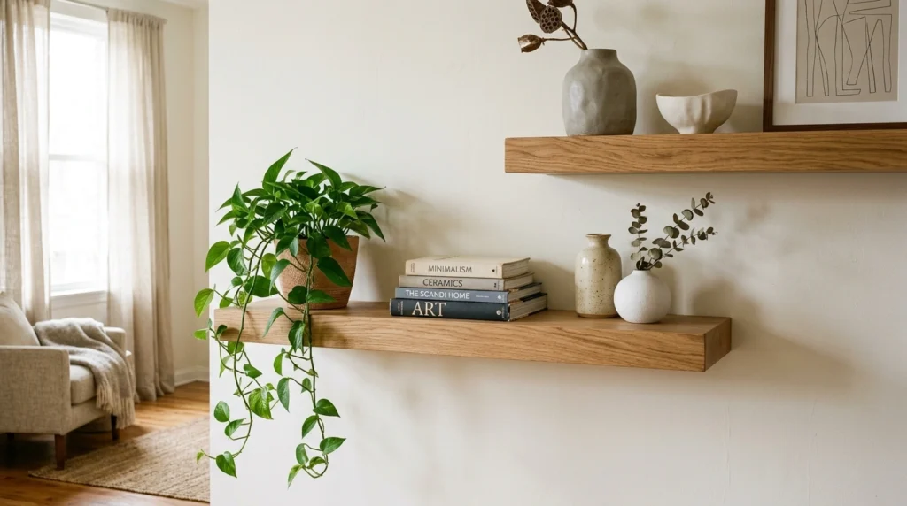 03. Asymmetrical Floating Shelves with Ceramic Decor