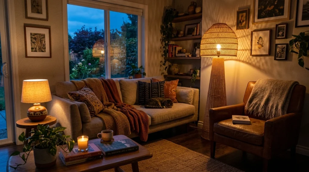 4. Warm Lighting Zoning with Amber Bulbs and Woven Shades