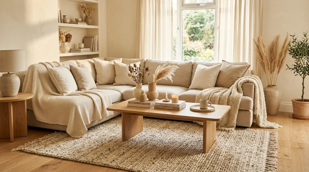 4. Monochromatic Cream and Warm Wood Layering