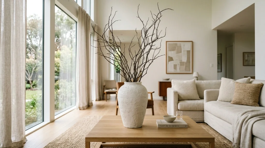 4. The Oversized White Stoneware Vase with Tall Wild Branches