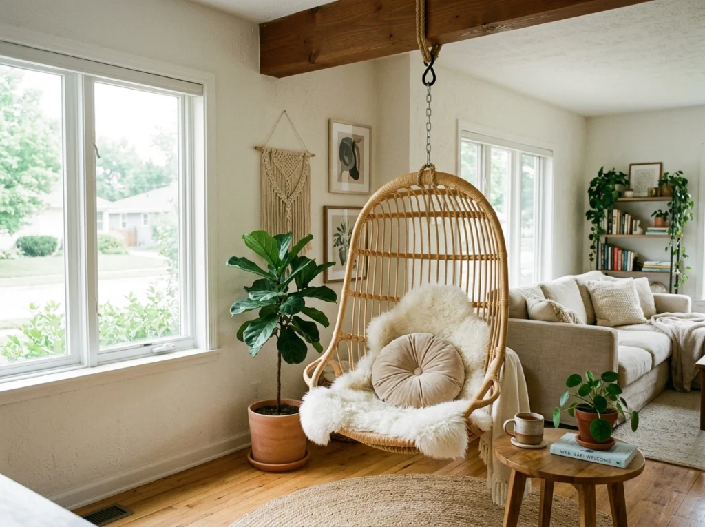 4. The Hanging Rattan Chair with Chunky Knit Throws
