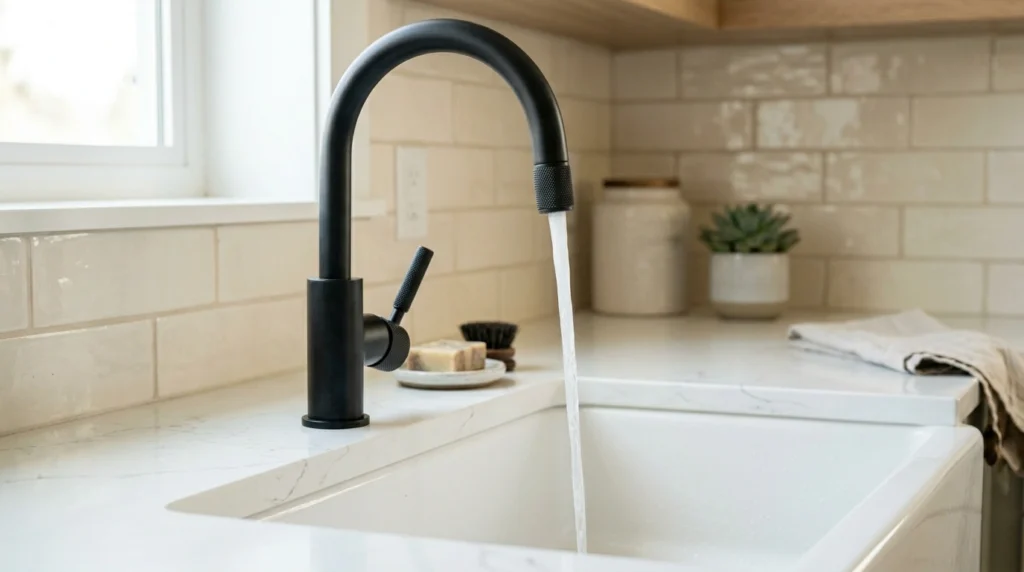 4. Matte Black Gooseneck Faucets with Industrial Vibes