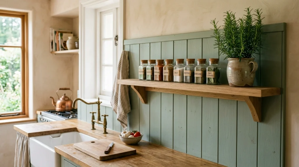 4. Sage Green Shiplap Backsplash for Cozy Cottage Vibes