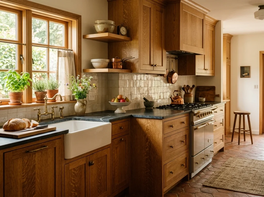 4. Quarter-Sawn Golden Oak with Warm Brass Knobs