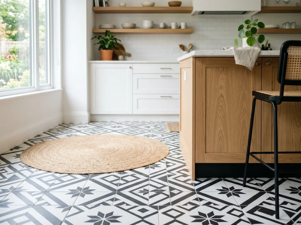 4. Playful Black and White Patterned Tile Flooring