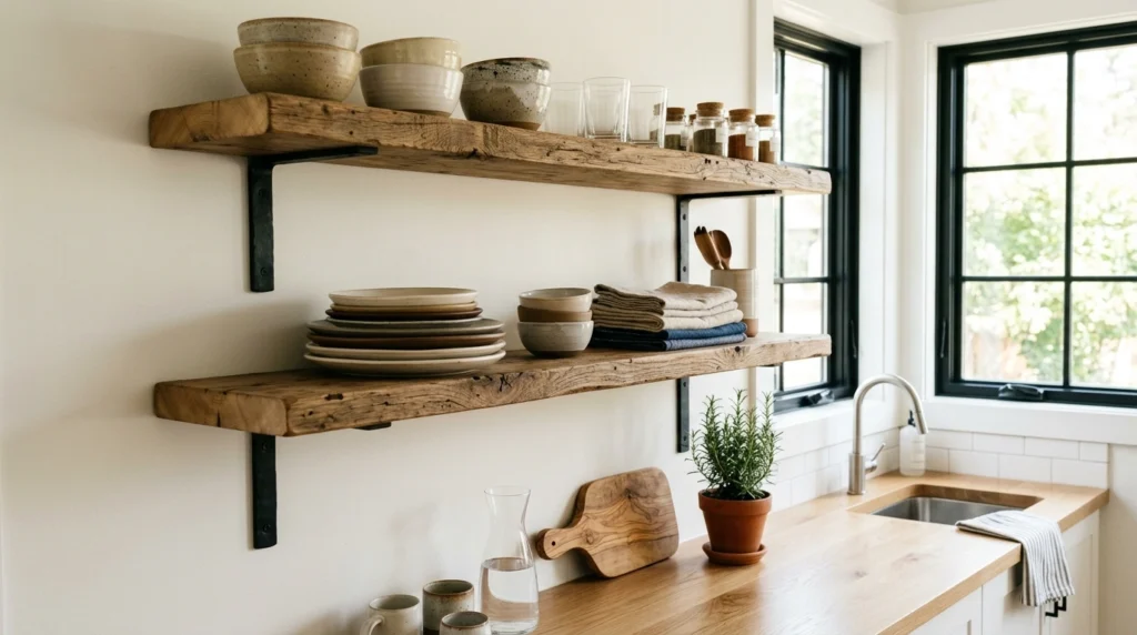4. Reclaimed Wood Open Shelving for Daily Dishes