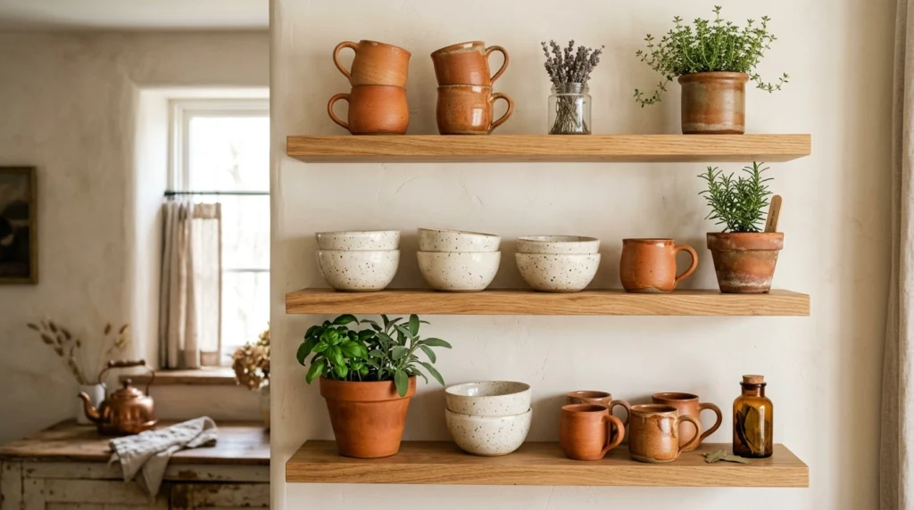 4. Open Floating Shelves with Warm Terracotta and Ceramic Decor