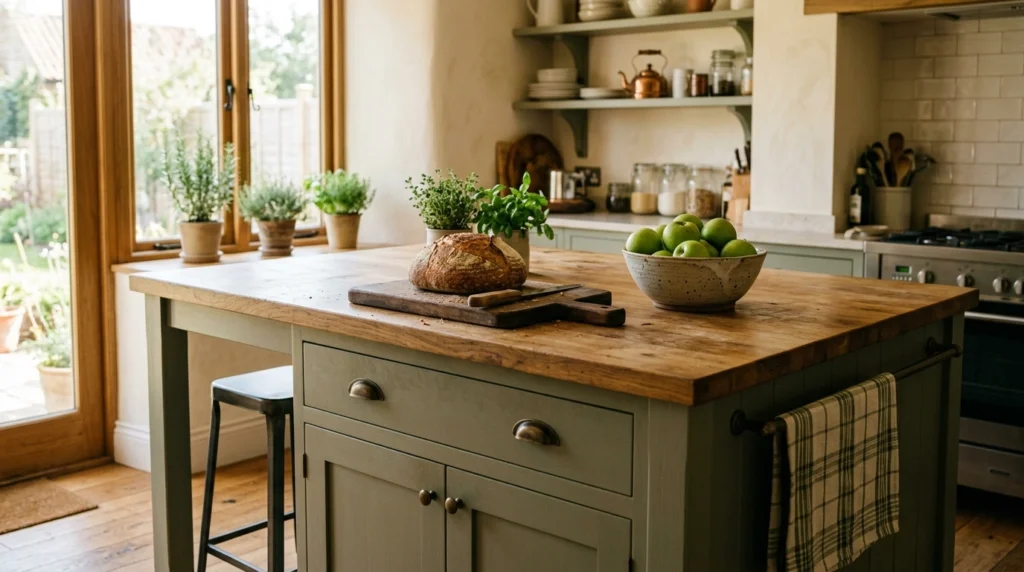 4. Earthy Sage Paired with Warm Butcher Block Countertops
