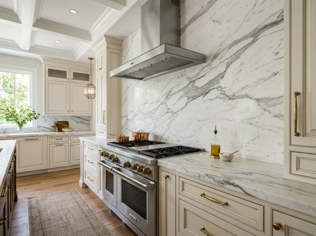4. Solid Stone Slab Backsplash for Clean Drama