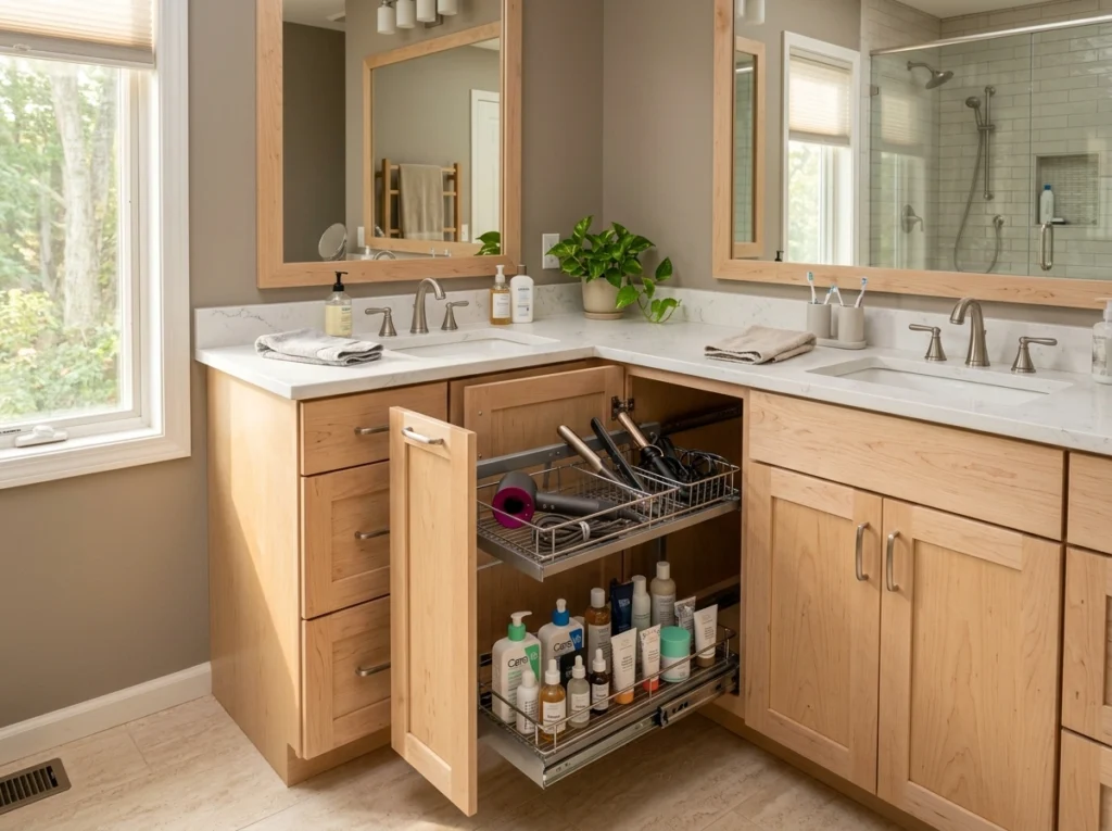 4. The T-Shaped Layout with Center Tub and Walk-Behind Shower