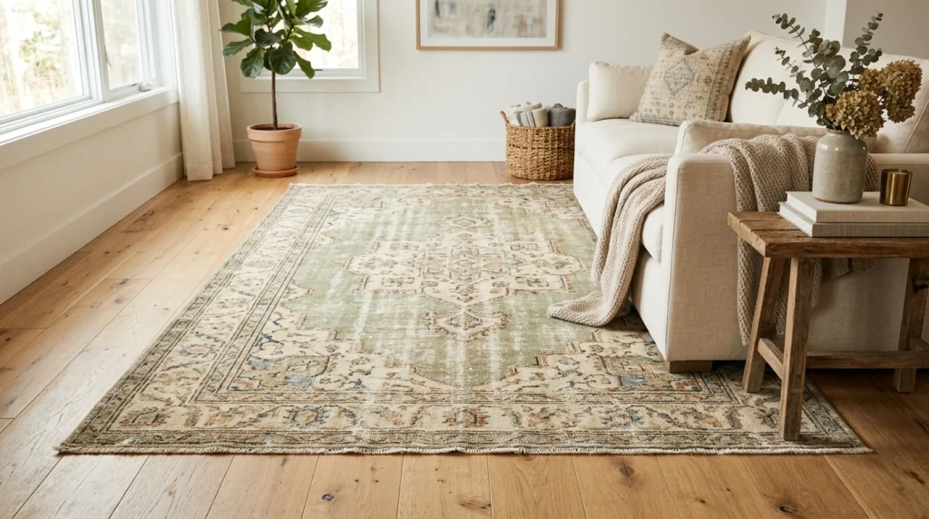 5. Distressed Vintage Rugs on Light Hardwood