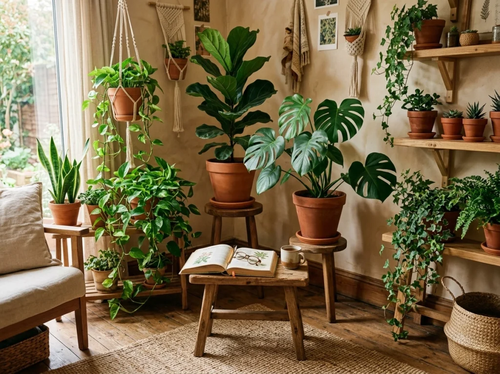 5. The Botanical Jungle Corner with Terracotta Pots & Accent Stool