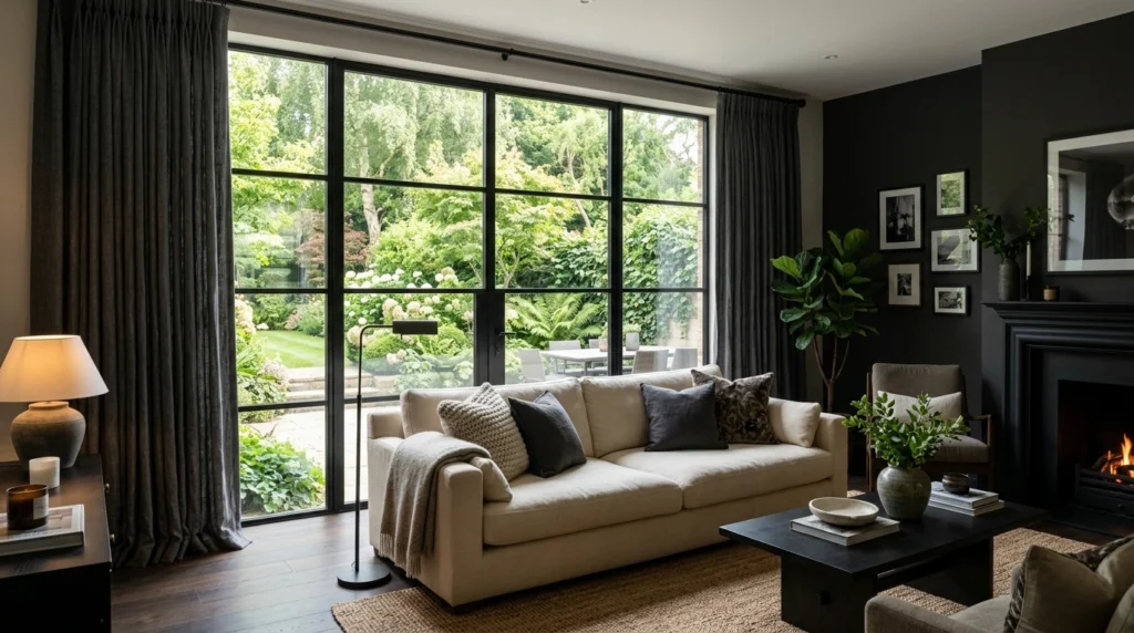 5. Deep Charcoal Curtains to Frame a Big Window