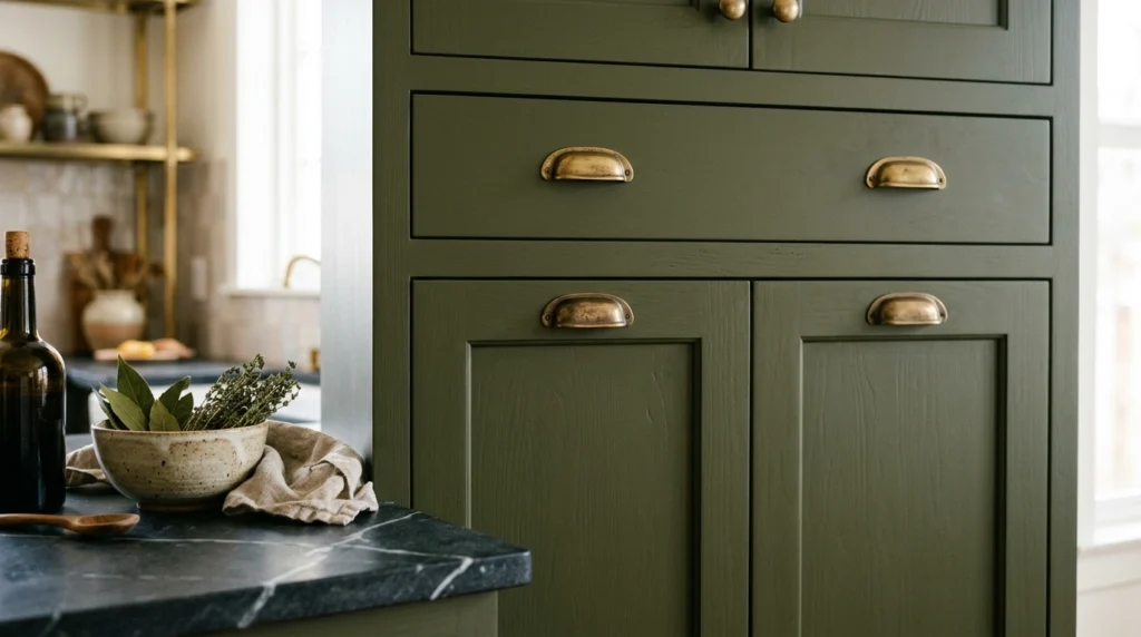 5. Olive Green Cabinets with Unlacquered Brass Hardware