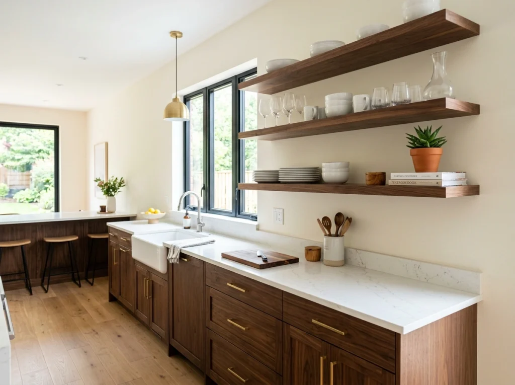 5. Floating Walnut Lowers Balanced by Airy Open Shelving