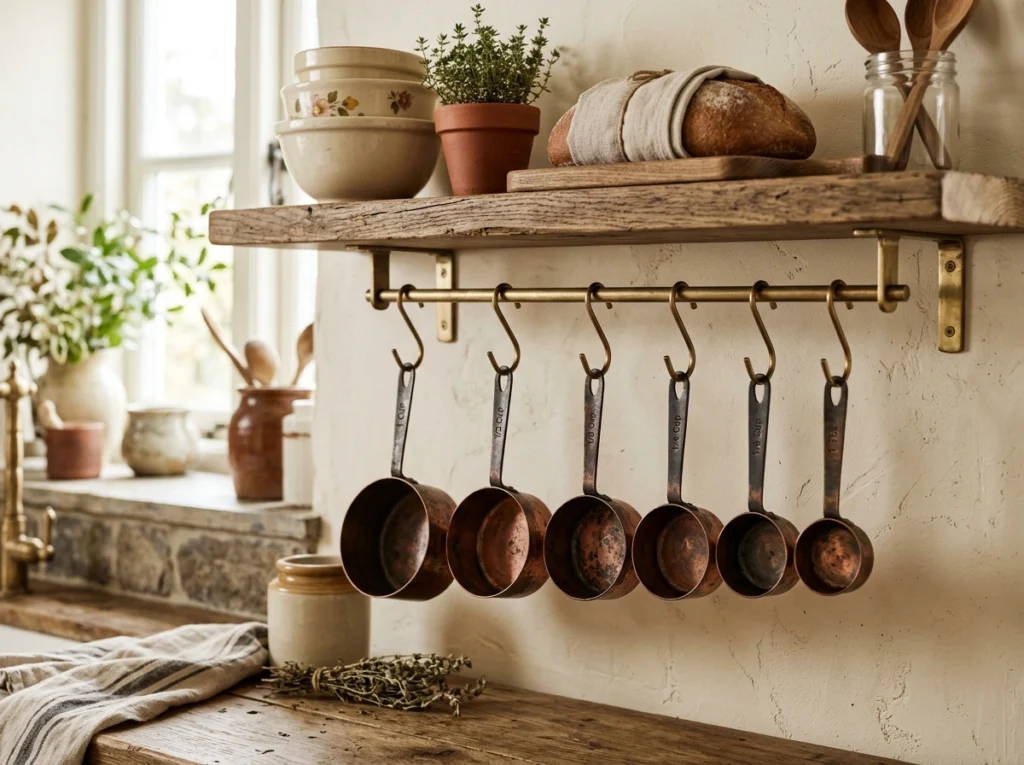 5. Vintage Copper Measuring Cups on Brass S-Hooks