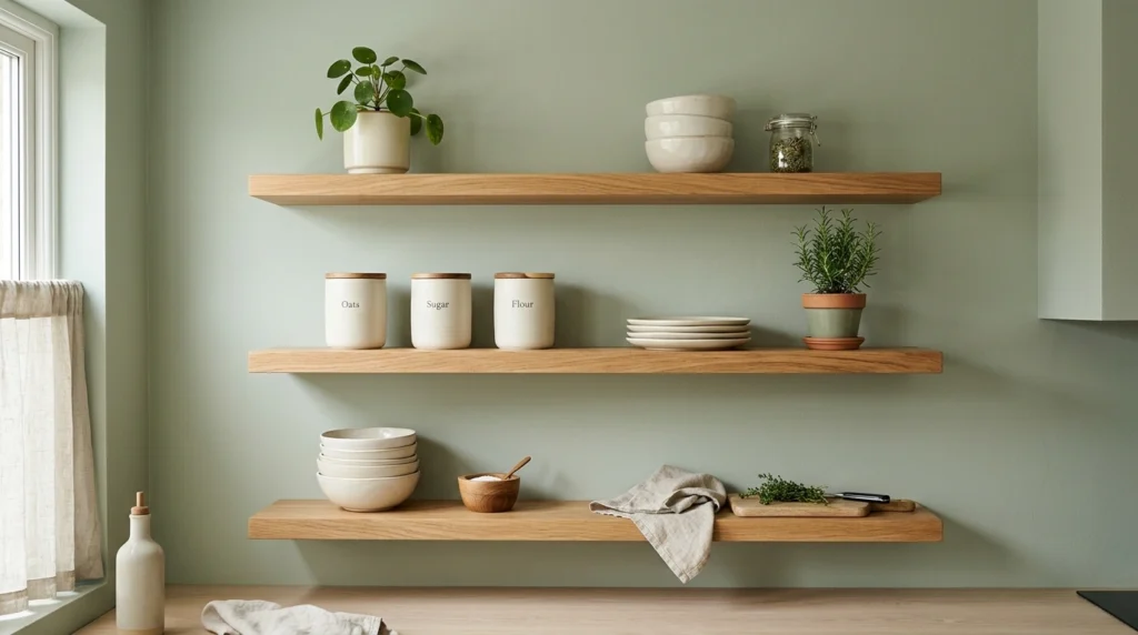 5. Monochromatic Sage Green Walls with Open Oak Shelving