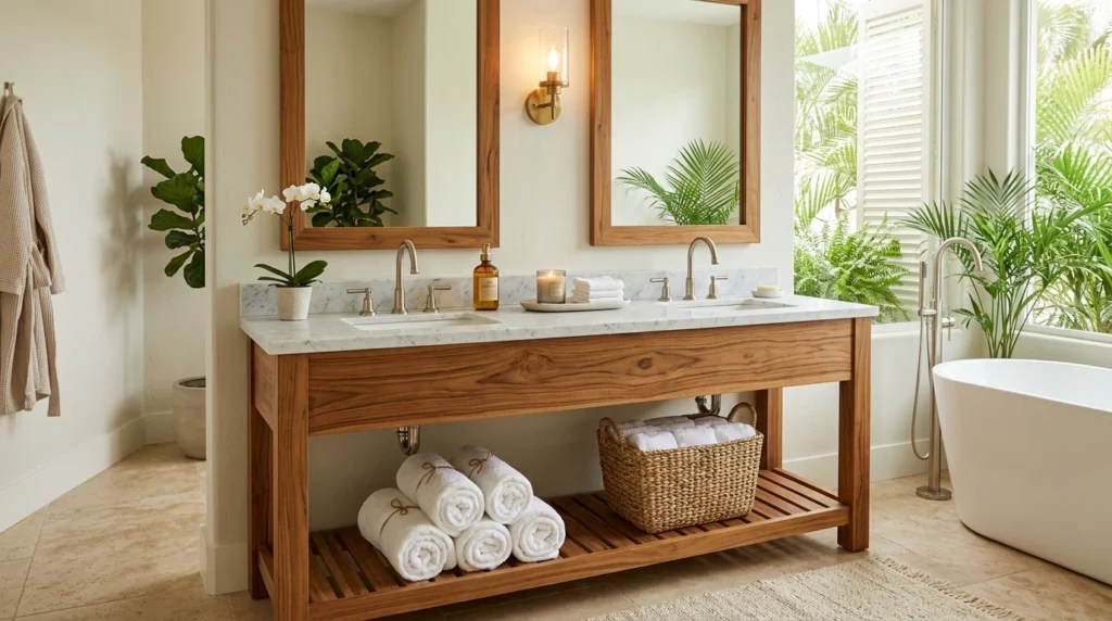 5. The Spa-Inspired Teak & Open-Shelf Vanity