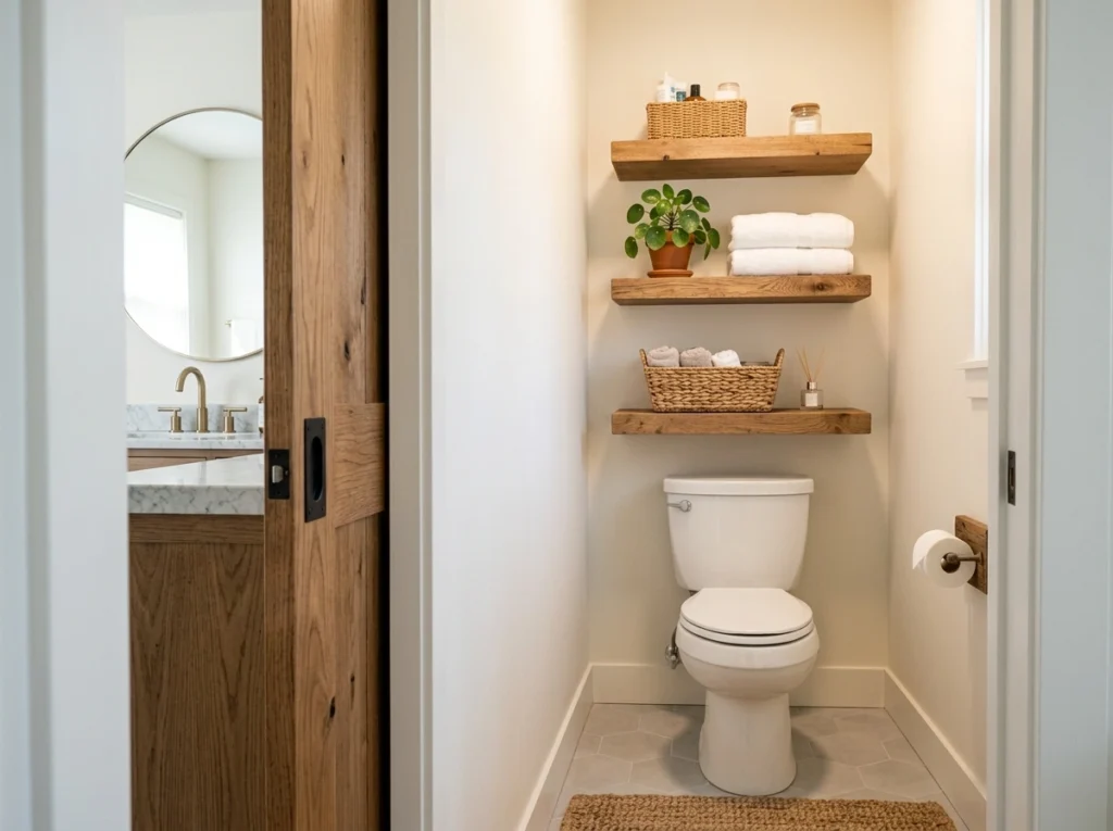 5. The Pocket Door Private Toilet Closet with Floating Shelving