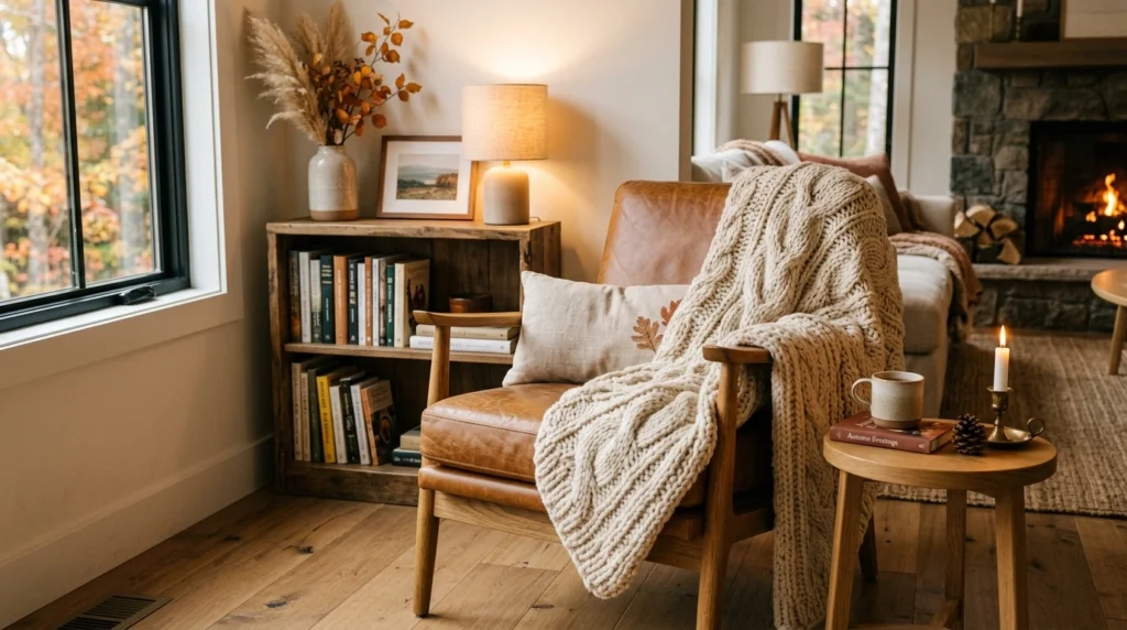 6. Chunky Knit Throws Over Caramel Leather Accents