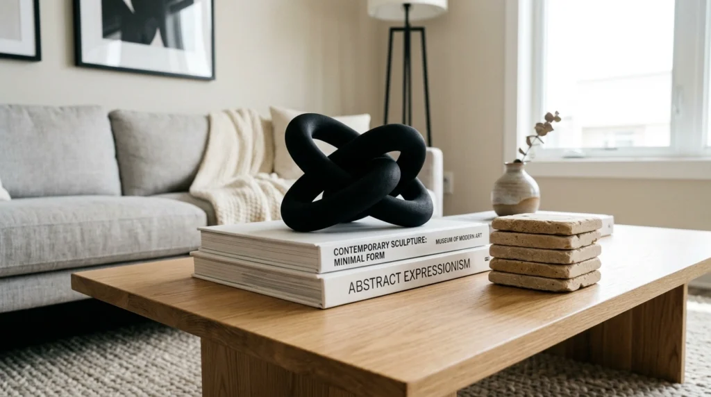 6. The Matte Black Sculptural Object and Sandstone Coasters