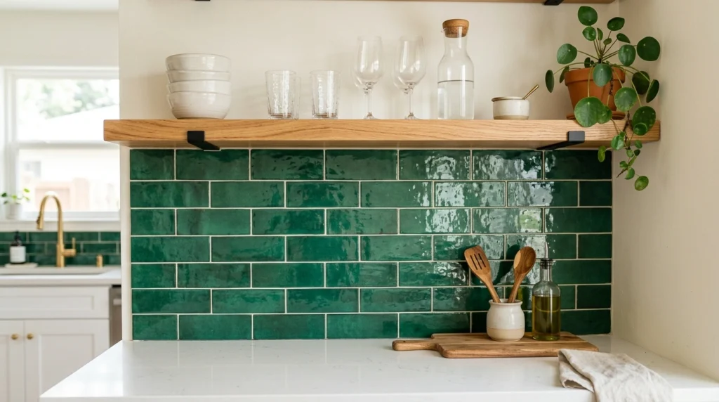 6. Emerald Green Ceramic Subway Tiles with Open Oak Shelving