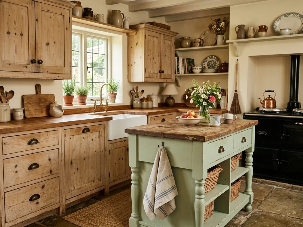 6. Distressed Pine with Sage Green Accents for a Soft Country Feel