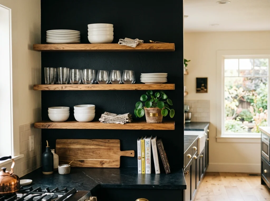 6. Warm Oak Shelving Against a Moody Black Accent Wall