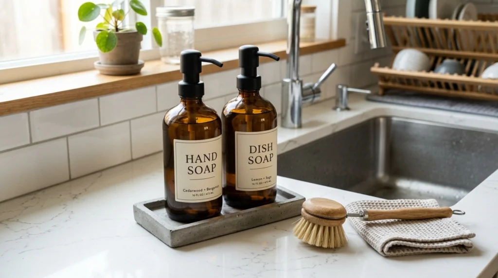 6. The Amber Glass Soap Dispenser Duo on a Concrete Tray